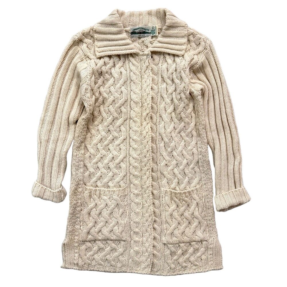 VTG Aran Crafts Merino Wool Sweater Sz XS Ireland Cable Knit Full Zip Cardigan